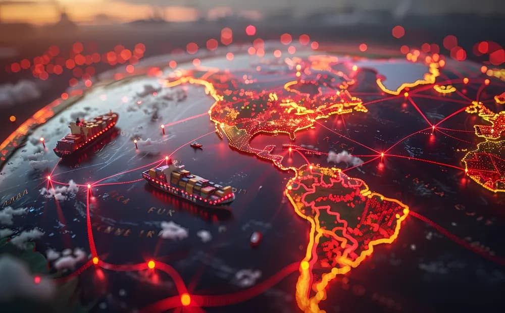 Mapa de América con rutas marítimas iluminadas y buques de carga